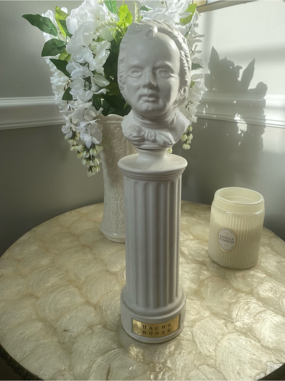 Bach’s Booze music box decanter. Decorative White Bust on Column Pedestal